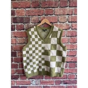 Vans Courtyard Checker Sweater Vest Green White V Neck M/L Streetwear Unisex
